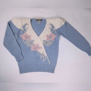 Dana Scott Vintage 90s Beaded Soft Floral Sweater Puffed Sleeve Women’s Medium